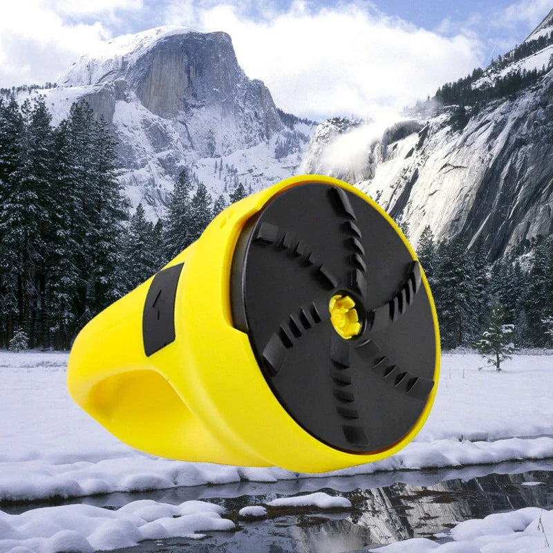 Electric snow scraper with yellow body and rotating disc for ice removal