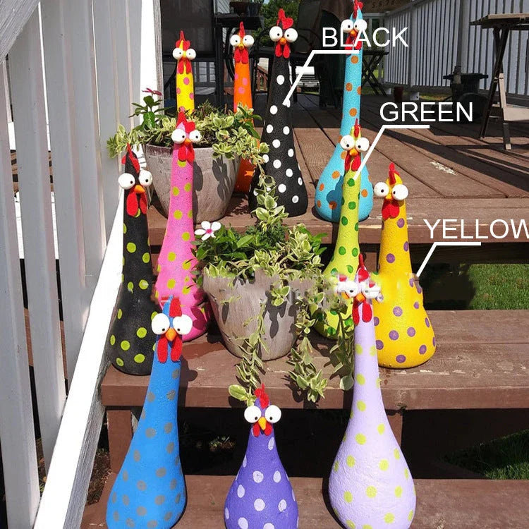 Decorative Chicken Statues in various vibrant colors for garden, patio, and yard decor