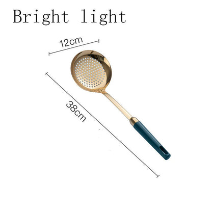 Elegant stainless steel kitchenware set with mirror-polished finish and gold-plated accents, including various utensils like shovels, spoons, ladles, and a serving frame
