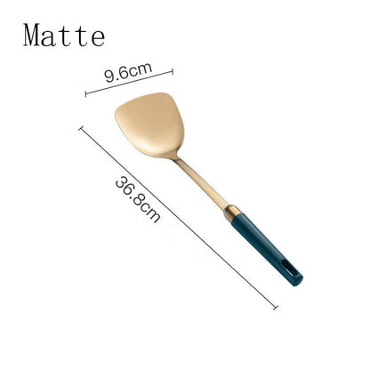Elegant stainless steel kitchenware set with mirror-polished finish and gold-plated accents, including various utensils like shovels, spoons, ladles, and a serving frame