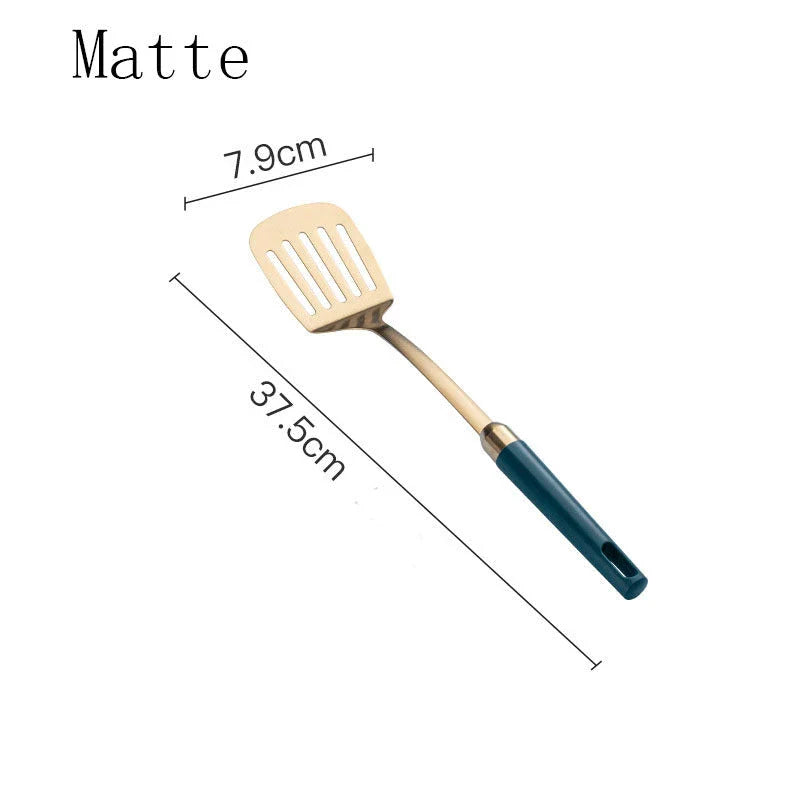 Elegant stainless steel kitchenware set with mirror-polished finish and gold-plated accents, including various utensils like shovels, spoons, ladles, and a serving frame