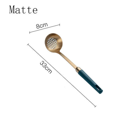 Elegant stainless steel kitchenware set with mirror-polished finish and gold-plated accents, including various utensils like shovels, spoons, ladles, and a serving frame
