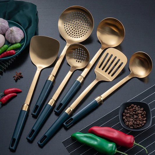 Elegant stainless steel kitchenware set with mirror-polished finish and gold-plated accents, including various utensils like shovels, spoons, ladles, and a serving frame