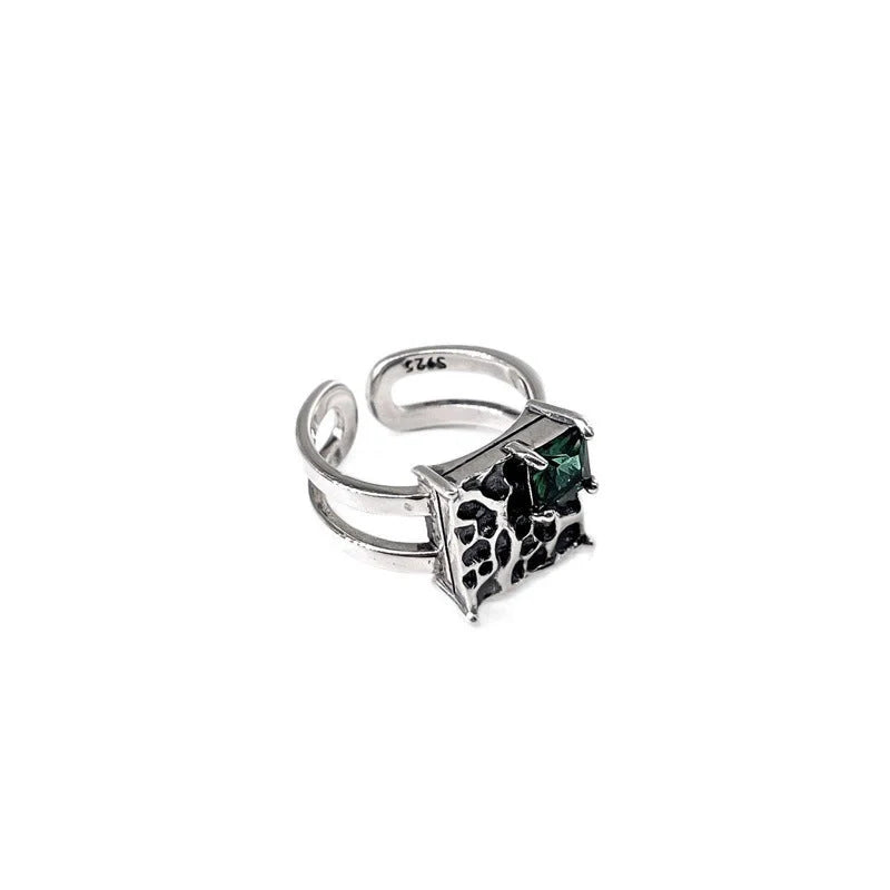 Vintage square dark green diamond S925 sterling silver adjustable ring