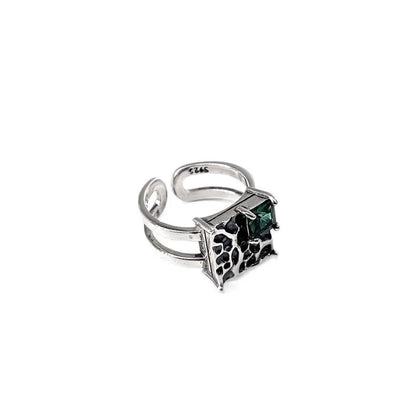 Vintage square dark green diamond S925 sterling silver adjustable ring