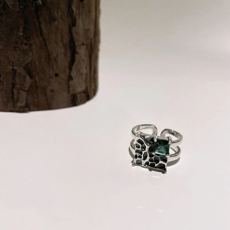 Vintage square dark green diamond S925 sterling silver adjustable ring