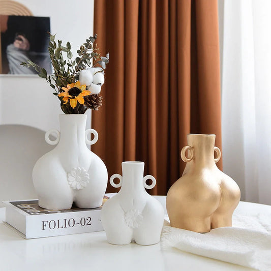 Handmade Nordic Human Body Ceramics Vases in white and golden, perfect for home decor.