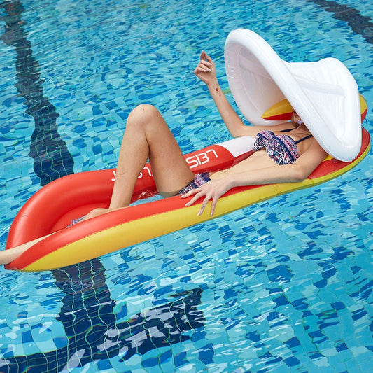 Inflatable floating bed with detachable awning on water