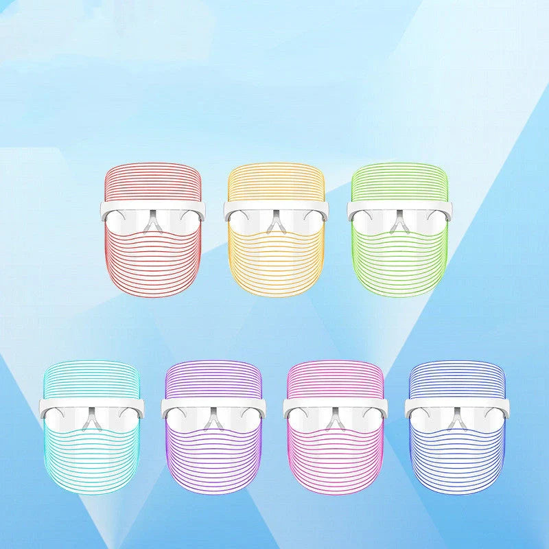 7 Colour LED Mask for skin rejuvenation with red, blue, and yellow light therapy options