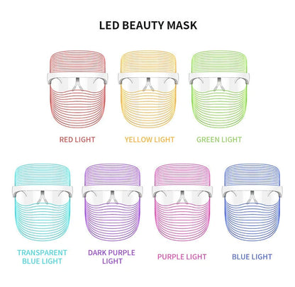 7 Colour LED Mask for skin rejuvenation with red, blue, and yellow light therapy options