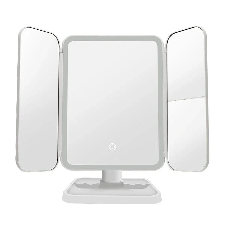 Trifold makeup mirror with LED lighting and 10X magnification