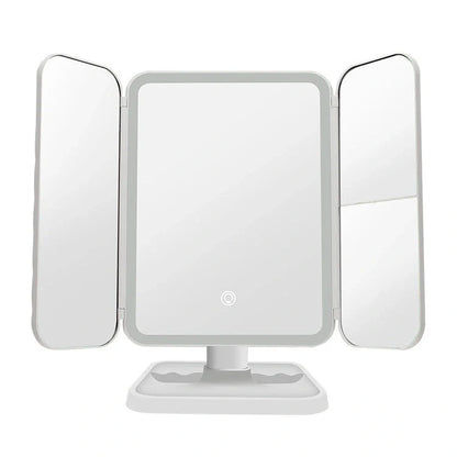 Trifold makeup mirror with LED lighting and 10X magnification