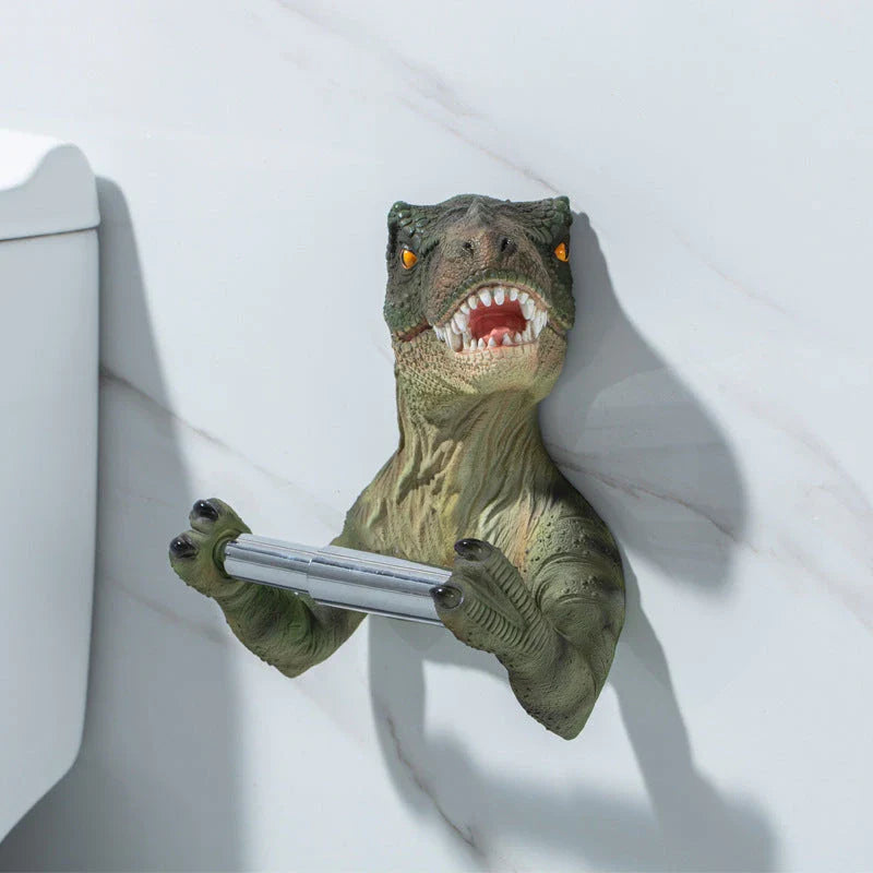 Adorable dinosaur-shaped toilet paper holder made of resin with a stable hanging trough and convenient lever dispenser