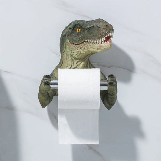 Adorable dinosaur-shaped toilet paper holder made of resin with a stable hanging trough and convenient lever dispenser