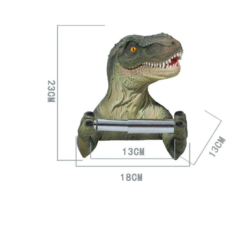 Adorable dinosaur-shaped toilet paper holder made of resin with a stable hanging trough and convenient lever dispenser