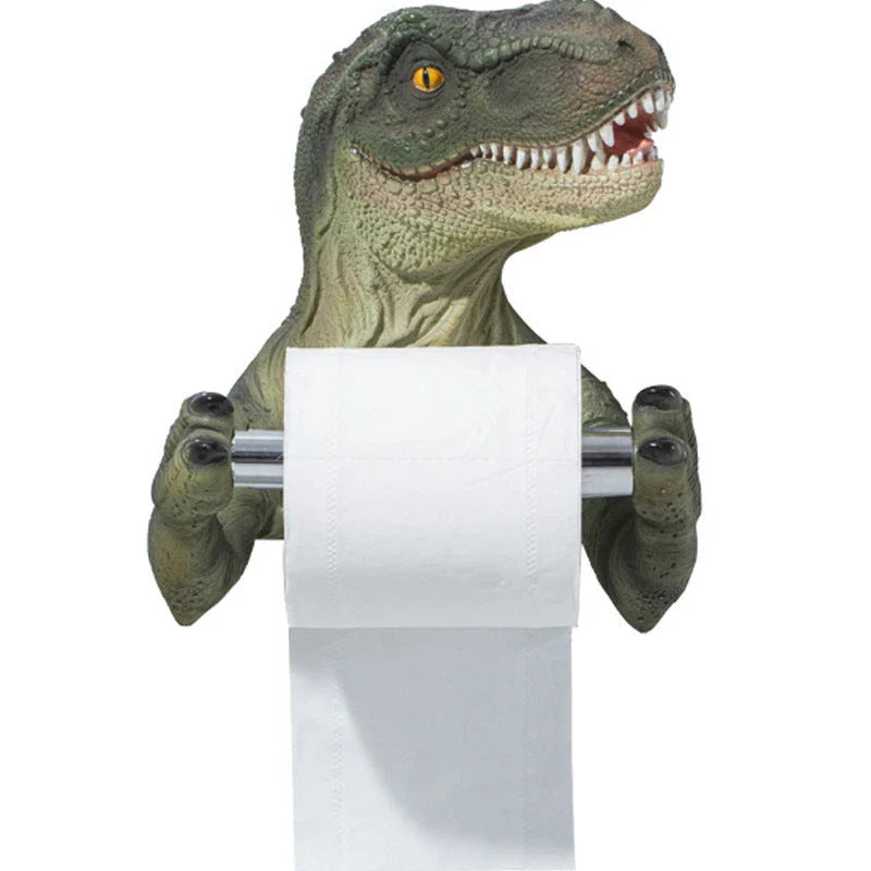 Adorable dinosaur-shaped toilet paper holder made of resin with a stable hanging trough and convenient lever dispenser
