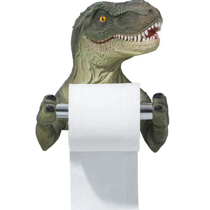 Adorable dinosaur-shaped toilet paper holder made of resin with a stable hanging trough and convenient lever dispenser