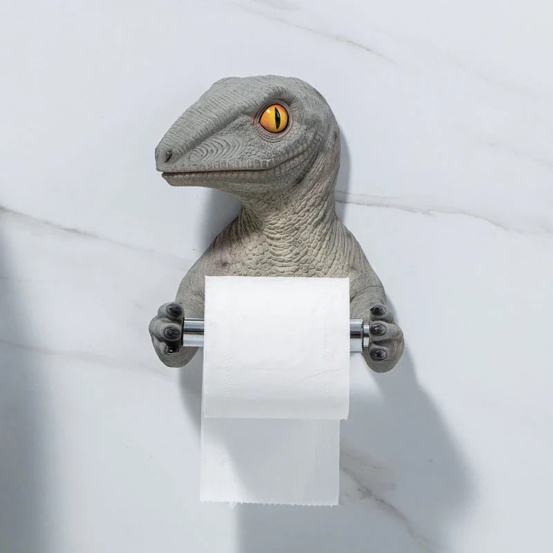 Adorable dinosaur-shaped toilet paper holder made of resin with a stable hanging trough and convenient lever dispenser