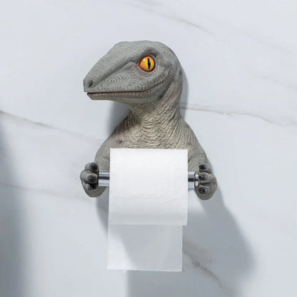 Adorable dinosaur-shaped toilet paper holder made of resin with a stable hanging trough and convenient lever dispenser