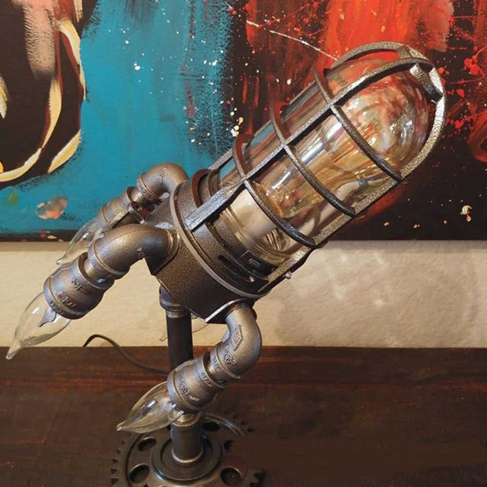 Retro rocket-shaped steampunk lamp with warm, ambient LED lighting for industrial-chic home decor