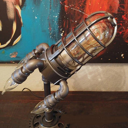 Retro rocket-shaped steampunk lamp with warm, ambient LED lighting for industrial-chic home decor