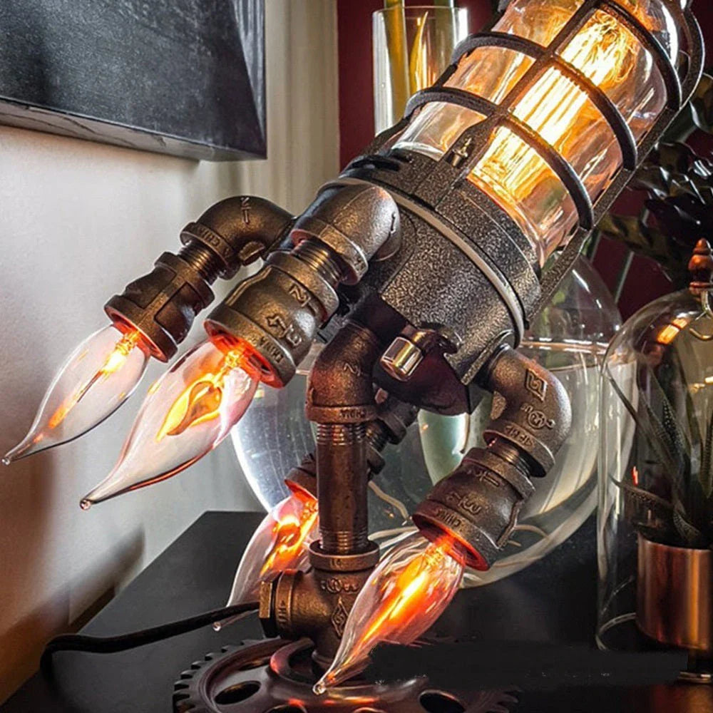Retro rocket-shaped steampunk lamp with warm, ambient LED lighting for industrial-chic home decor