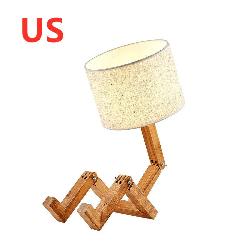 Humanoid table lamp with wooden base and white fabric shade, modern home decor