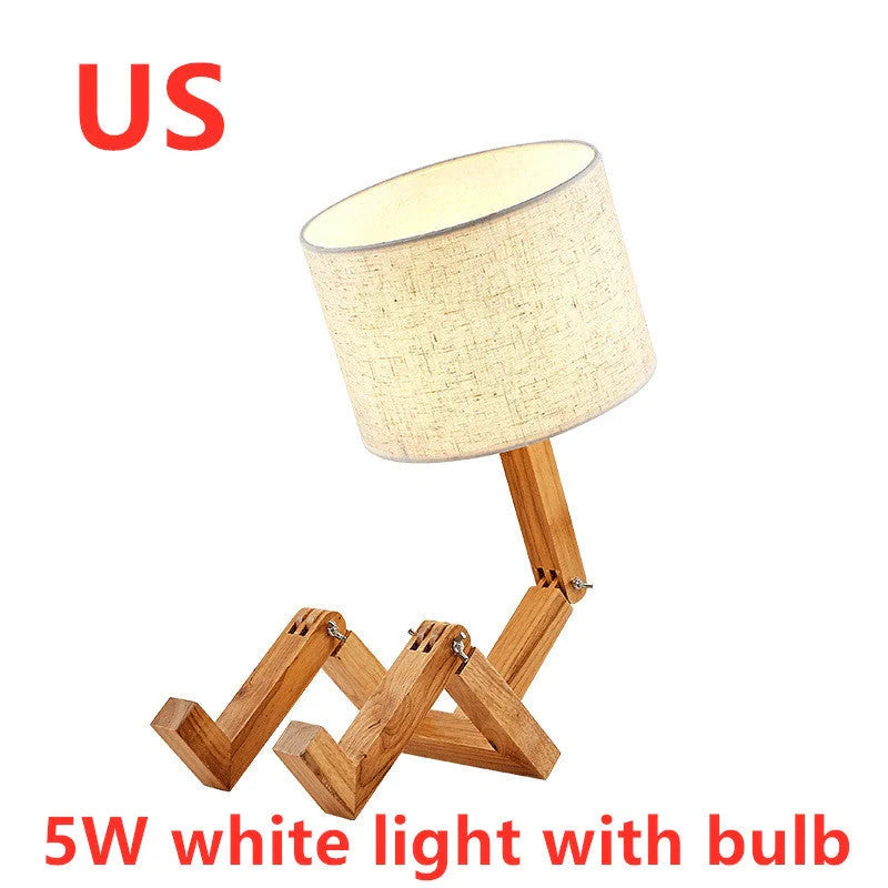 Humanoid table lamp with wooden base and white fabric shade, modern home decor