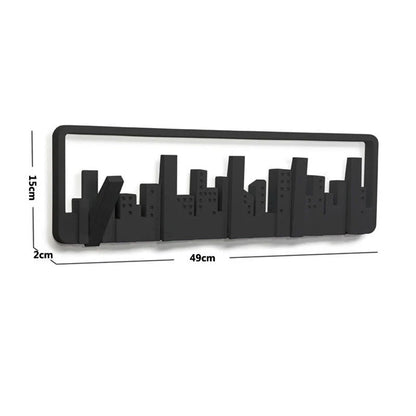 Wall-mounted coat rack with modern, artistic design and 5 flip-down hooks for storing coats, hats, scarves, and more