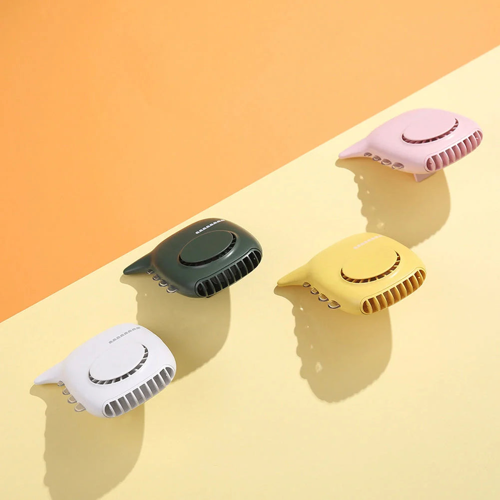 USB rechargeable mini fan in white, green, yellow, and pink with LED night light