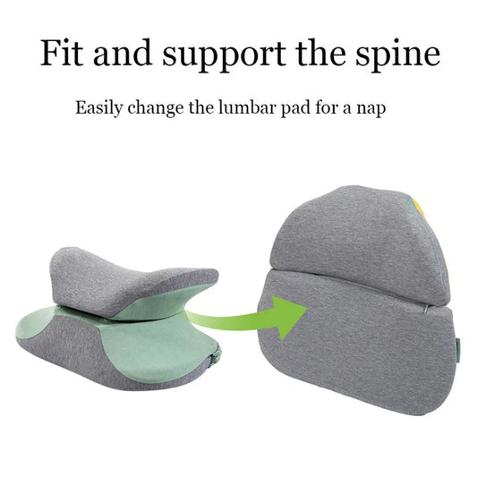 Ergonomic memory foam nap pillow in navy blue, fruit green, lemon yellow, and girlish pink