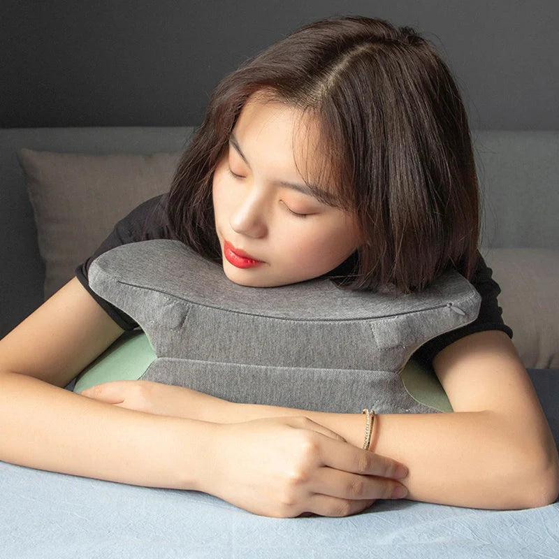 Ergonomic memory foam nap pillow in navy blue, fruit green, lemon yellow, and girlish pink