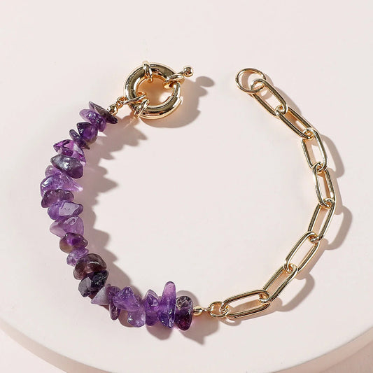 Adjustable rough stone crystal amethyst bracelet for women in blue, purple, and pink