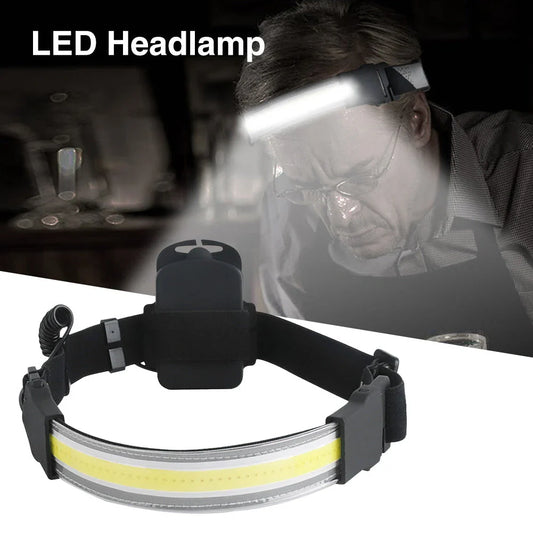 Powerful COB LED headlamp with 3 lighting modes, adjustable headband, and rechargeable battery