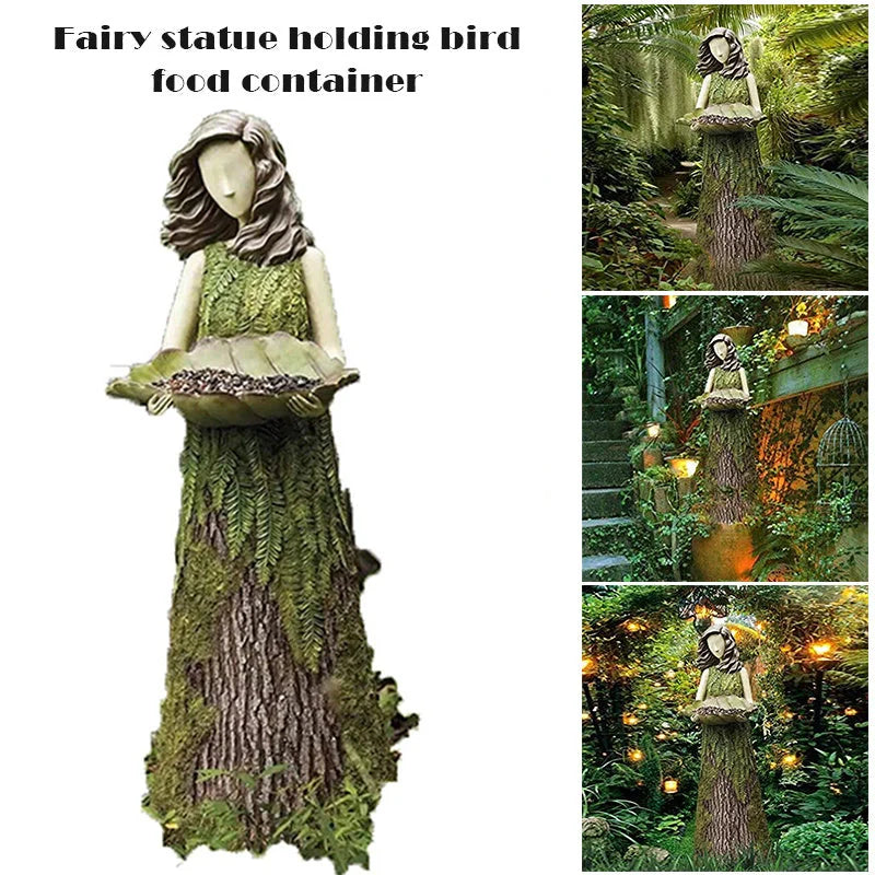 Sherwood Fern Fairy Statuary Resin Bird Feeder with leaf-shaped holder in garden setting