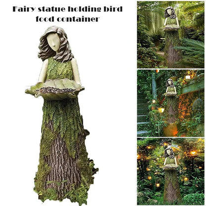 Sherwood Fern Fairy Statuary Resin Bird Feeder with leaf-shaped holder in garden setting