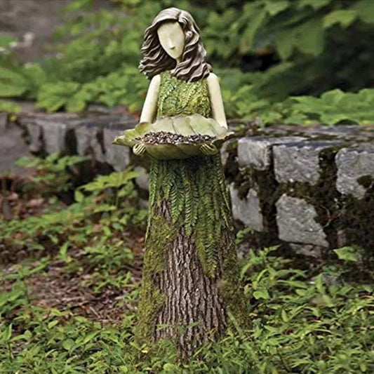 Sherwood Fern Fairy Statuary Resin Bird Feeder with leaf-shaped holder in garden setting