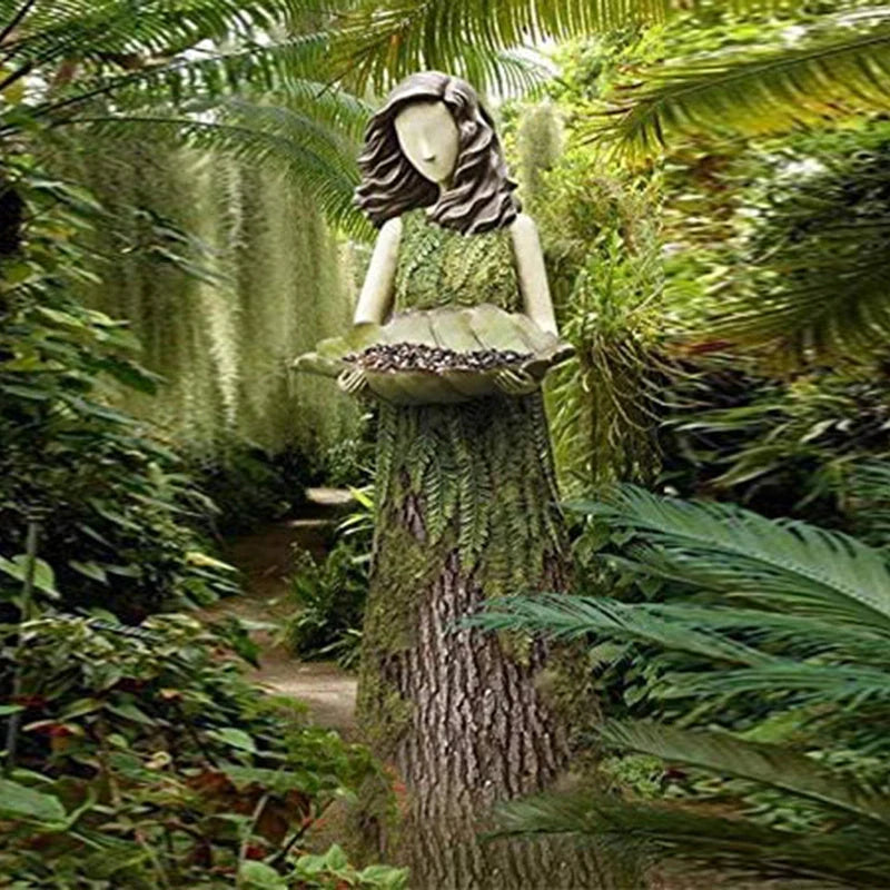 Sherwood Fern Fairy Statuary Resin Bird Feeder with leaf-shaped holder in garden setting