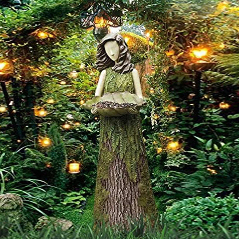 Sherwood Fern Fairy Statuary Resin Bird Feeder with leaf-shaped holder in garden setting