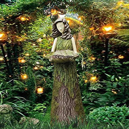 Sherwood Fern Fairy Statuary Resin Bird Feeder with leaf-shaped holder in garden setting