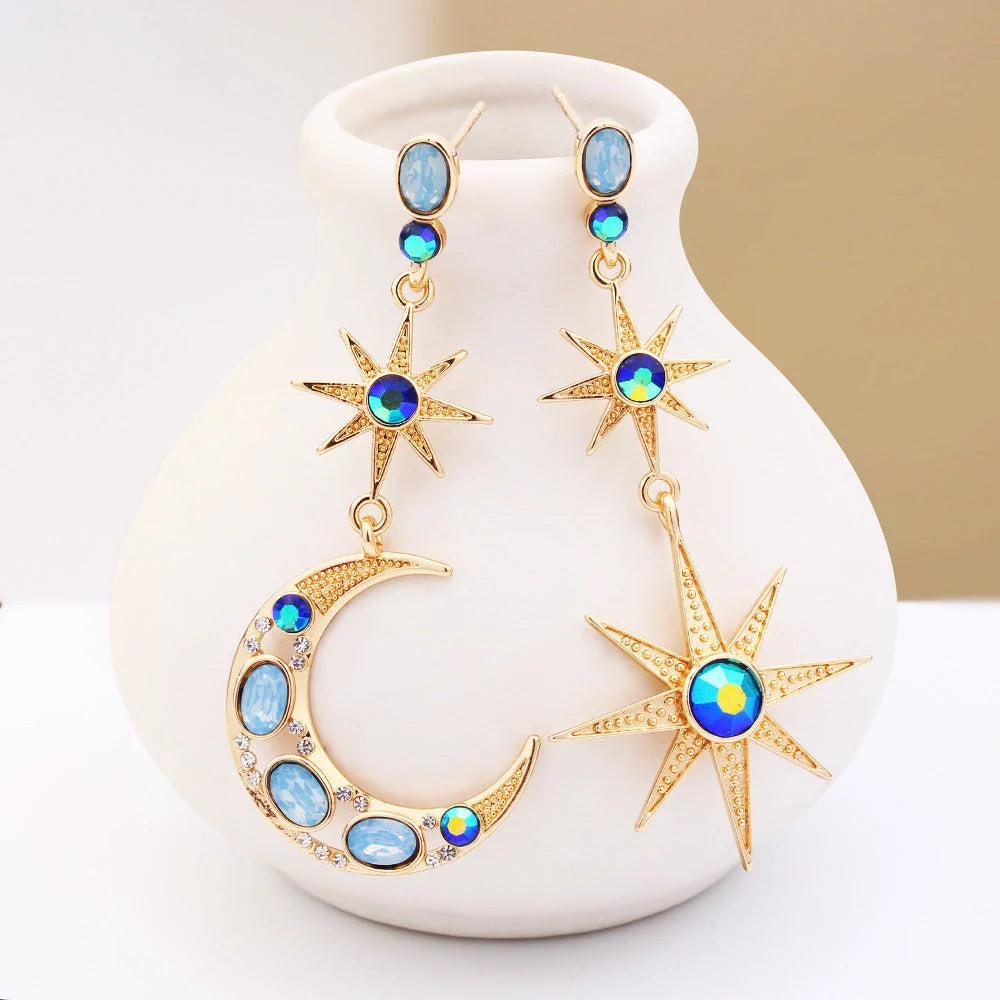 Asymmetric Xingyue Stainless Steel Earrings in navy blue with sun motif