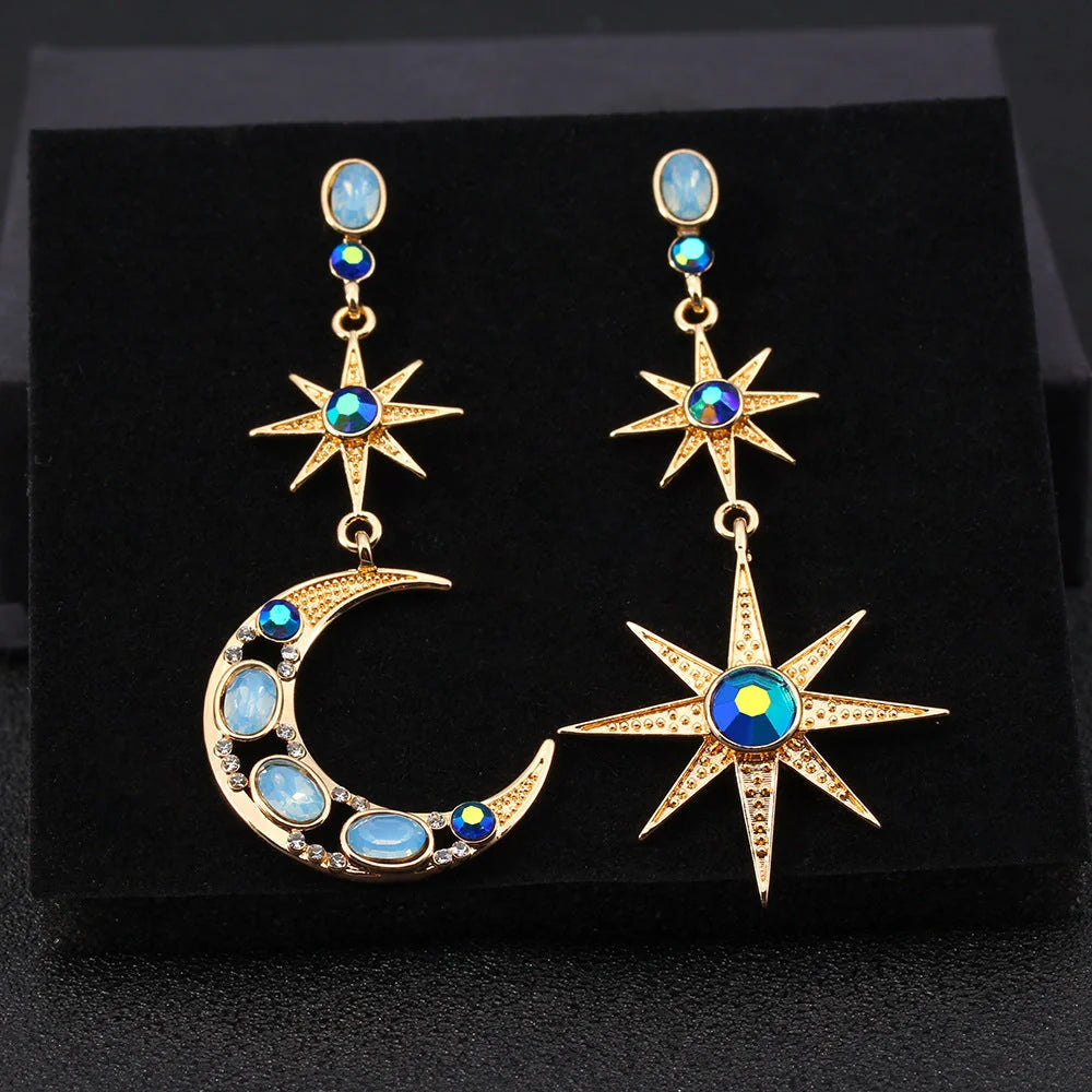 Asymmetric Xingyue Stainless Steel Earrings in navy blue with sun motif