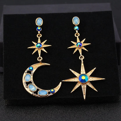Asymmetric Xingyue Stainless Steel Earrings in navy blue with sun motif