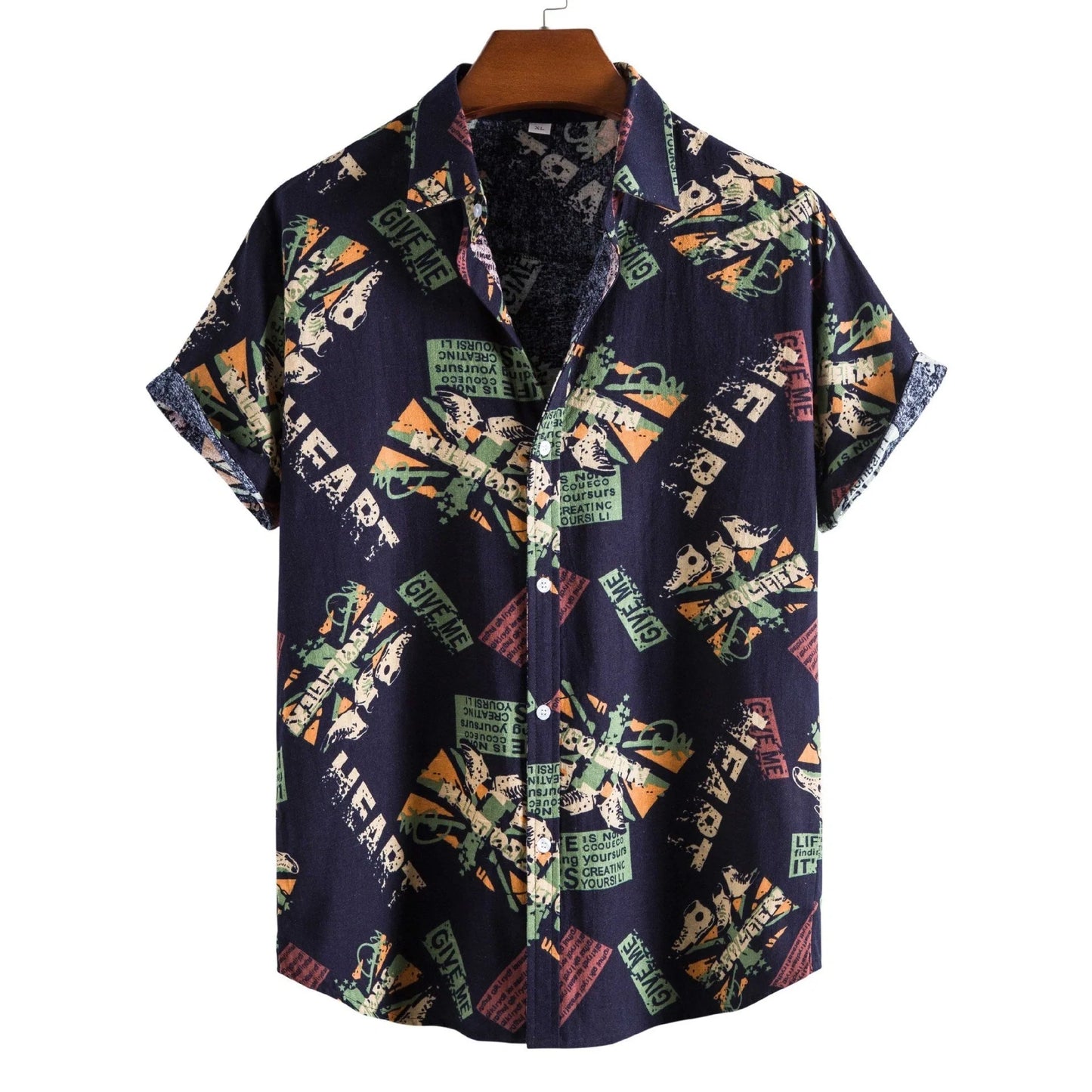 Men's vintage letter print navy blue short sleeve shirt with turn-down collar