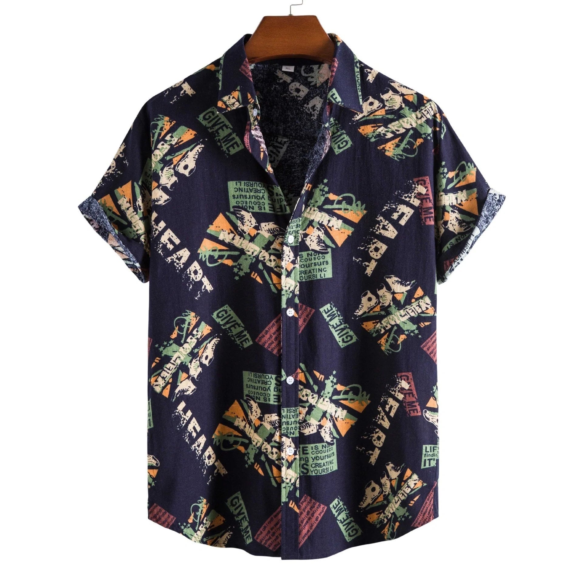 Men's vintage letter print navy blue short sleeve shirt with turn-down collar