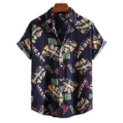 Men's vintage letter print navy blue short sleeve shirt with turn-down collar