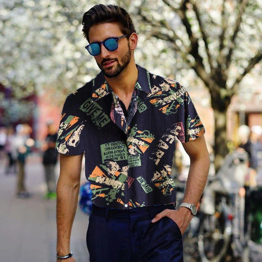 Men's vintage letter print navy blue short sleeve shirt with turn-down collar