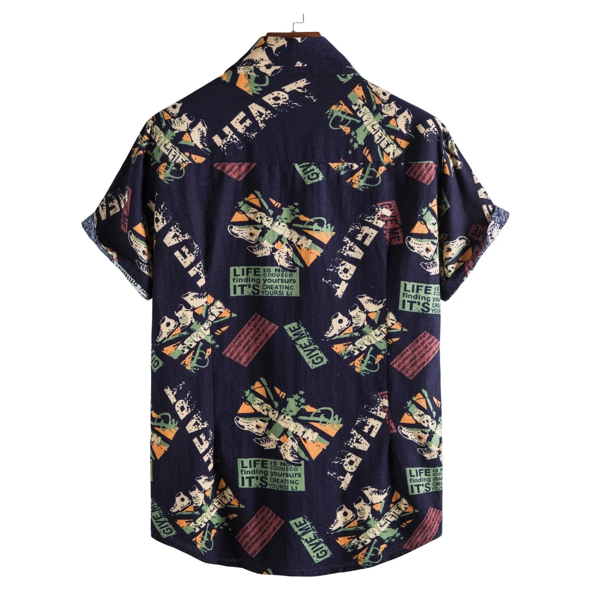 Men's vintage letter print navy blue short sleeve shirt with turn-down collar