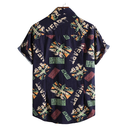 Men's vintage letter print navy blue short sleeve shirt with turn-down collar