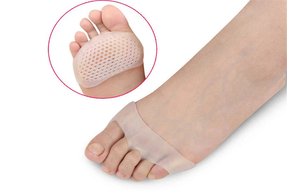 Breathable silicone honeycomb front pads for high heels, offering pain relief and comfort.